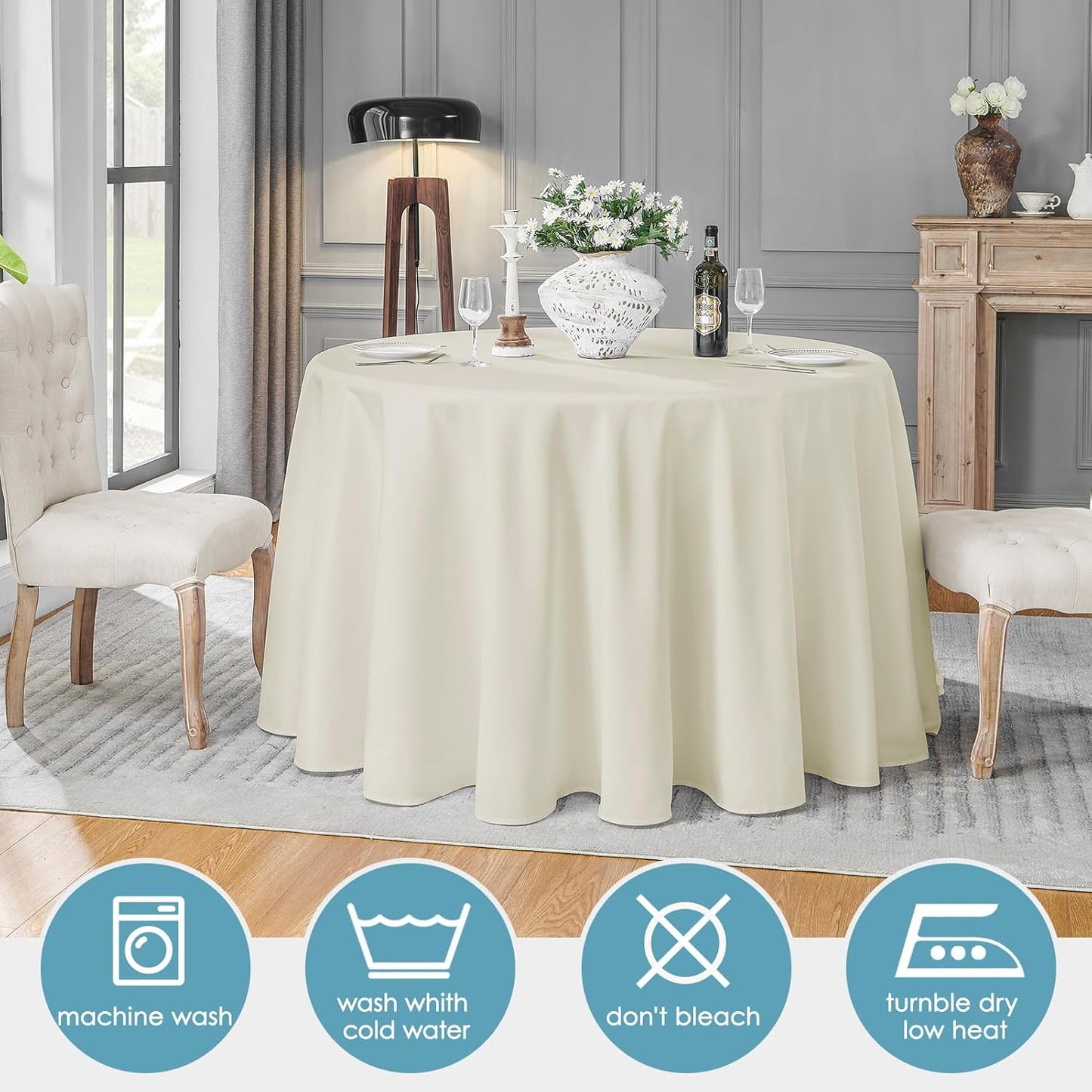 VidaFete Tablecloth 6 Pack 120inch Round Table Cloth Polyester, Stain Wrinkle Resistant Polyester Dining Table Cover for Kitchen Dinning Party Wedding Round Tabletop Buffet Decoration(Ivory)