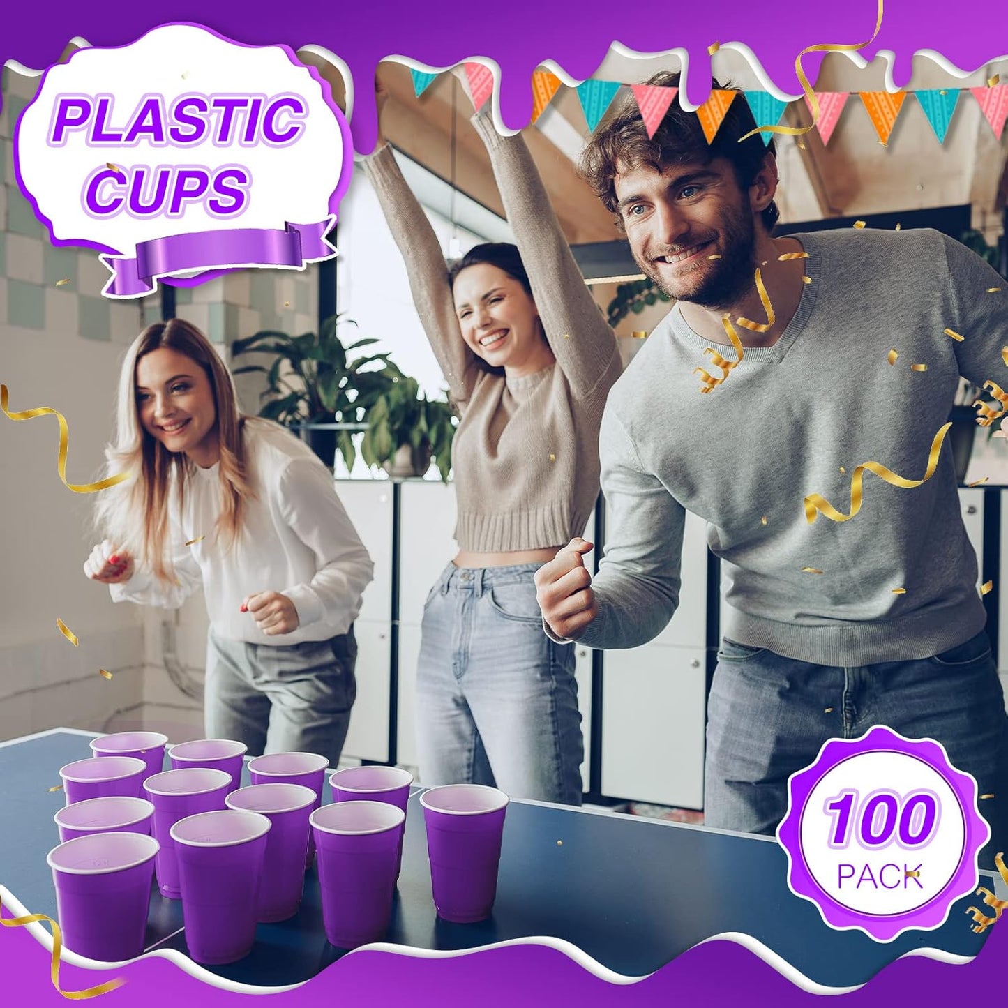 Lounsweer 100 Pack 16 Ounce Christmas Plastic Party Cups Disposable Heavy Duty Drinking Water Cups for Holiday Christmas Festival Wedding New Year Birthday Party Supplies(Purple)