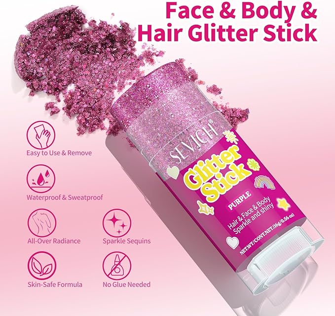 SEVICH Glitter Stick Blue for Face Body Hair,Skin Safe Waterproof Sparkle with No Glue Needed,Easy to Apply and Remove for Parties Festivals Makeup,15g