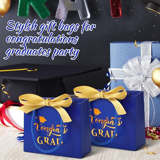 Moinchore 30 Pcs Blue Gold Graduation Gift Bags Bulk 5.5 x 4.7 x 2.5'' Small 2026 Congrats Grad Favor Bags with Handles Bow Ribbon Wrap Graduation Day Paper Party Supplies for College High School