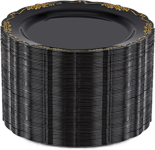 DaYammi 60PCS Black and Gold Plastic Plates, Heavy Duty Black and Gold Disposable Plates Premium 7.5 inch Black Dessert Cake Salad Appetizer Plates Hard Plastic Plates Disposable for Halloween Party
