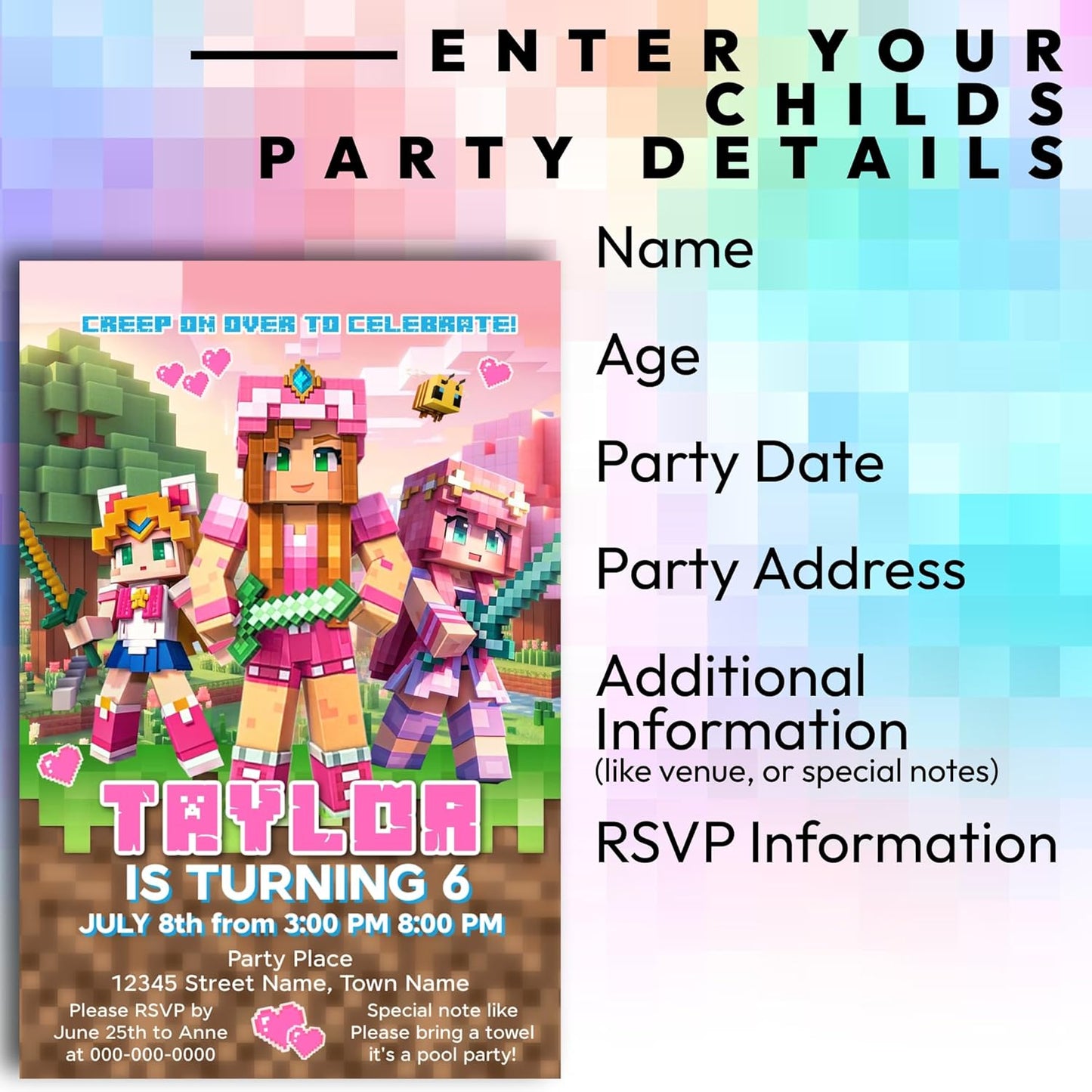 Fully Customizable minecraft Birthday Party Invitations, 4 x 6 inches, with Self-Sealing Envelopes, Gaming Theme Design, minecraft Birthday Invitations for Boys and Girls (Minecraft/Girls)