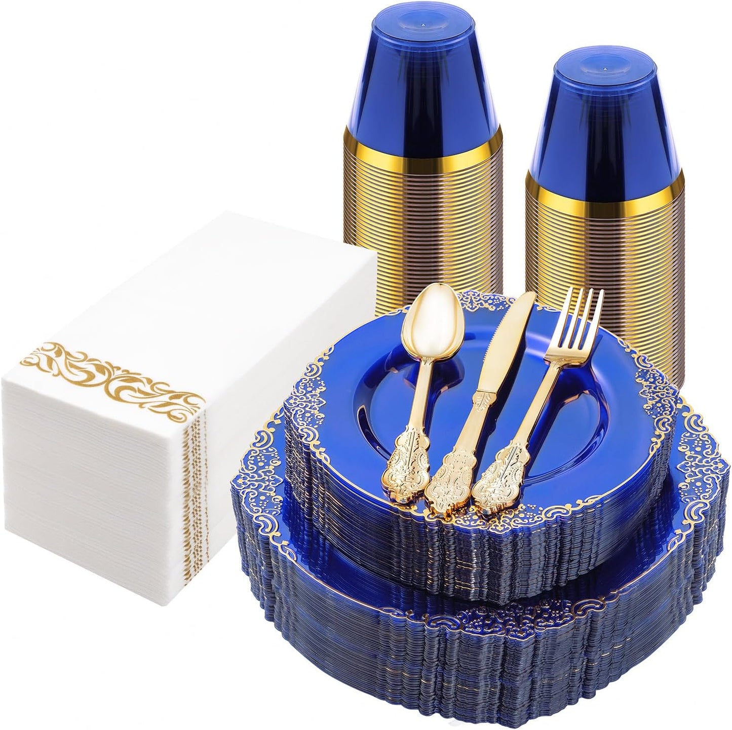 175PCS Clear Blue Plastic Plates for 25 Guests, Disposable Plates with Gold Trim include 25 Dinner and Dessert Plates, 75 Gold Silverware, 25 Cups, 25 Napkins for Party, Wedding & Graduation
