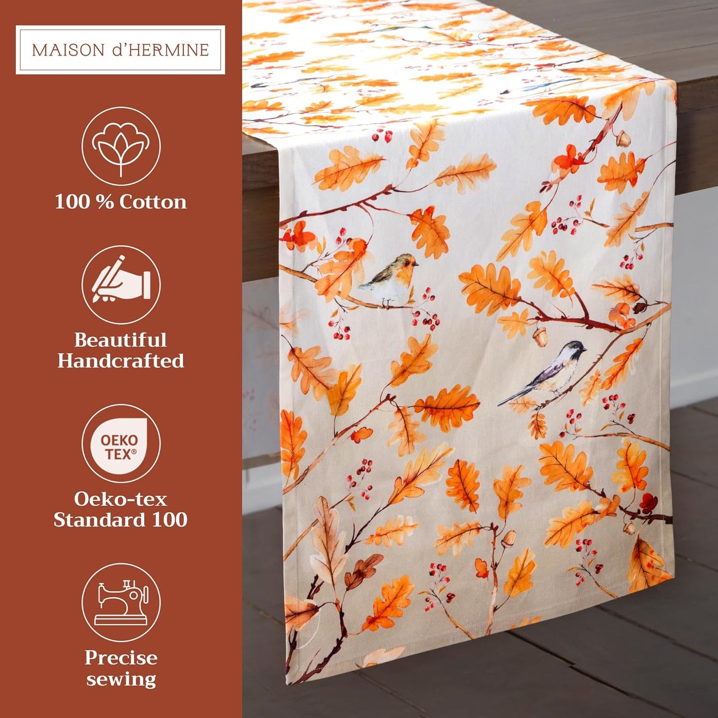 Maison d' Hermine Table Runner 100% Cotton Double Layer Table Runners 72 inches Long for Thanksgiving Christmas Decorations Home Kitchen Dining Party Wedding (Oak Leaves, 14.5" x 72")