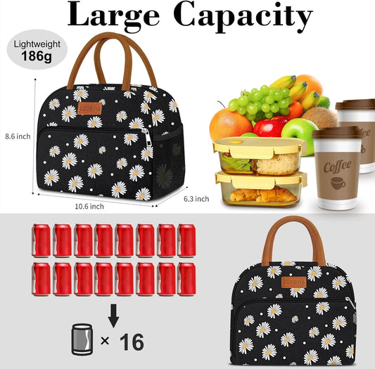 Coobiiya Lunch Bag Lunch Box for Women Men, Reusable Cute Lunchbag - Leakproof, Adult Insulated Lunch Box Tote with Large Capacity, Cooler Container for Work, Travel, Office (Black Daisy)