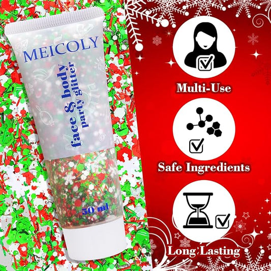 MEICOLY Christmas Face Body Glitter Gel,Holographic Hair Glitter,Christmas Accessories Stocking Stuffers Gift,Festival Face Glitter Makeup for Women Kids Girls,Self-Adhesive Chunky Glitter