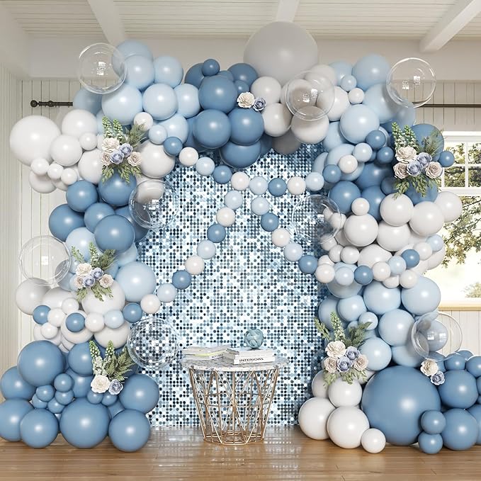 Dusty Blue Balloon Arch Kit, 162pcs Dusty Light Blue White and Clear Balloons for Wedding Bridal Shower Baby Shower Gender Reveal Baby Boy Birthday Party Decorations
