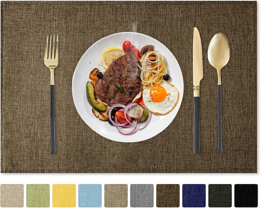 Romanstile Cloth Placemats Set of 8-12 x 18 Inch, Heat Resistant Double Layered Thickened Burlap Place Mats, Washable Faux Linen Farmhouse Table Mats for Kitchen/Dining/Party/Outdoor, Brown