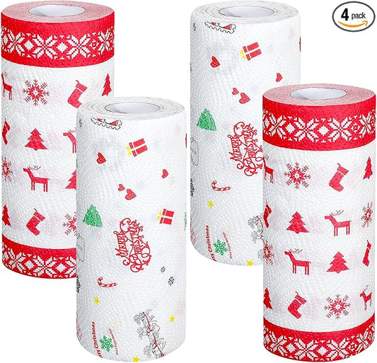4 Rolls Christmas Kitchen Paper Towels Grease Proof Food Liner Fried Food Snacks Wrapping Paper 9 x 9 Inches for Holiday Kitchen Business Restaurant