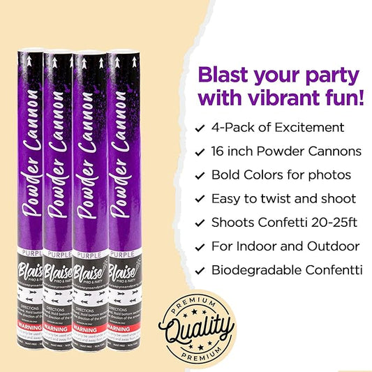 Blaise Pyro & Party - Purple Powder Poppers - Water-Soluble & Colorful Powder Cannons for Gender Reveals, Birthdays, Weddings & Celebrations - Easy to Use for Memorable Photos - 16-Inch, 4-Pack