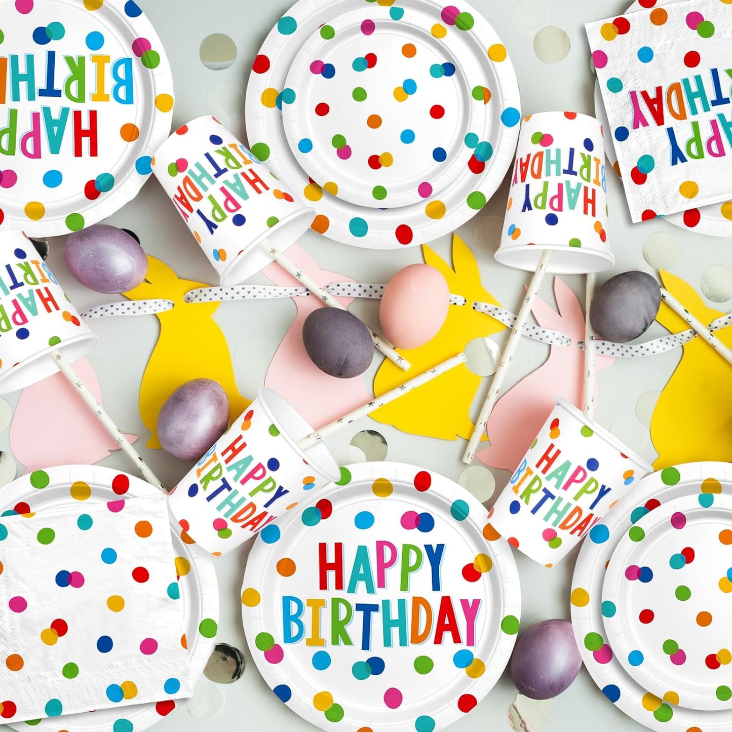 Happy Birthday Decorations: Happy Birthday Party Supplies Set with Birthday Dots Design- Includes Disposable Paper Birthday Plates and Napkins, Cups, Tablecloth, and Banner for decorations, Serves 25.