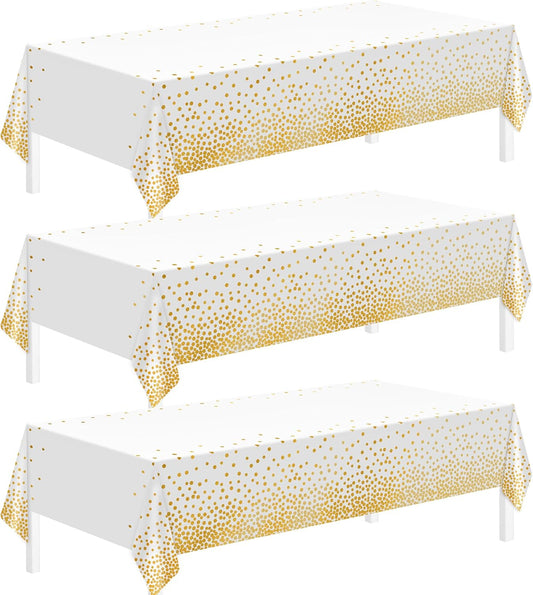 Tablecloths for Rectangle Tables,3 Pack 54" X 108" Plastic Table Cloth Disposable Table Covers Engagement Party Decorations, White Gold Dot Tablecloths Disposable Tablecloth for Weddings Buffet Tables