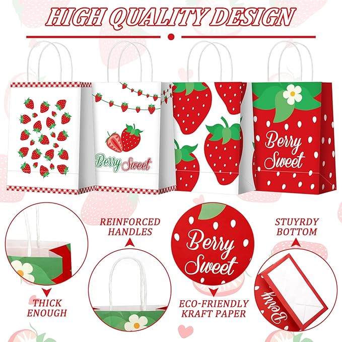 Outus 24 Pcs Strawberry Party Favor Bags Summer Strawberry Gift Goodie Paper Bags with Handles Red Berry Sweet Candy Treat Pouch for Berry First Birthday Party Decorations Supplies