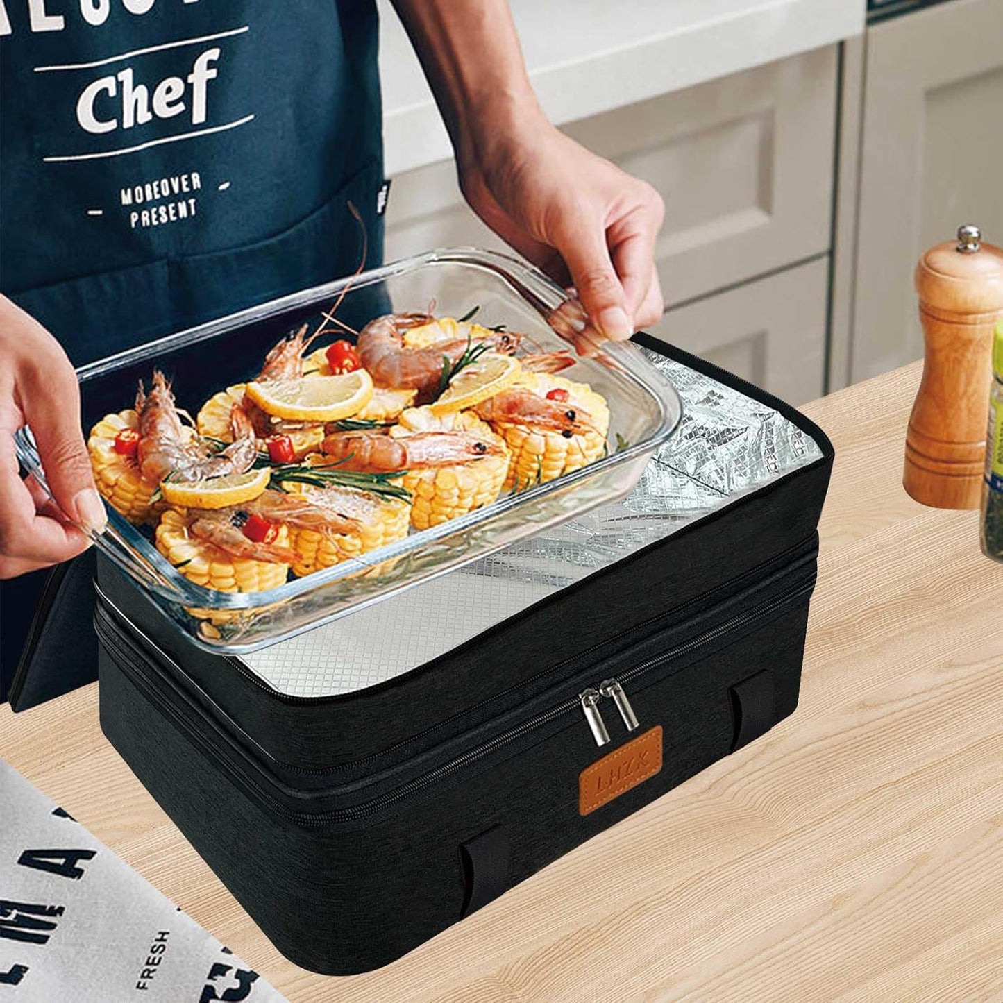 LHZK Double Insulated Casserole Carrier, Expandable Casserole Carriers for Hot or Cold Food, Insulated Food Carrier for Travel, Parties, Picnic, Fits 11 x 15 or 9 x 13 Baking Dish(Black)