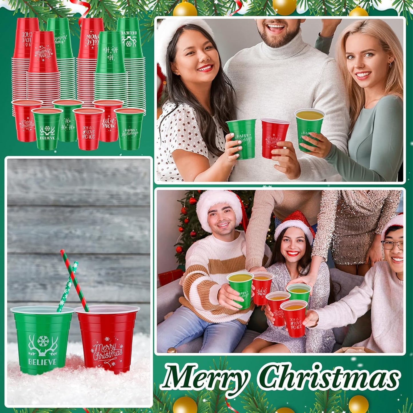 Sliner 180 Pcs 16 oz Christmas Plastic Disposable Cups Bulk Snowflake Elk Star Christmas Tree Drinking Cups for Xmas Birthday Party Supplies (Red,Green)