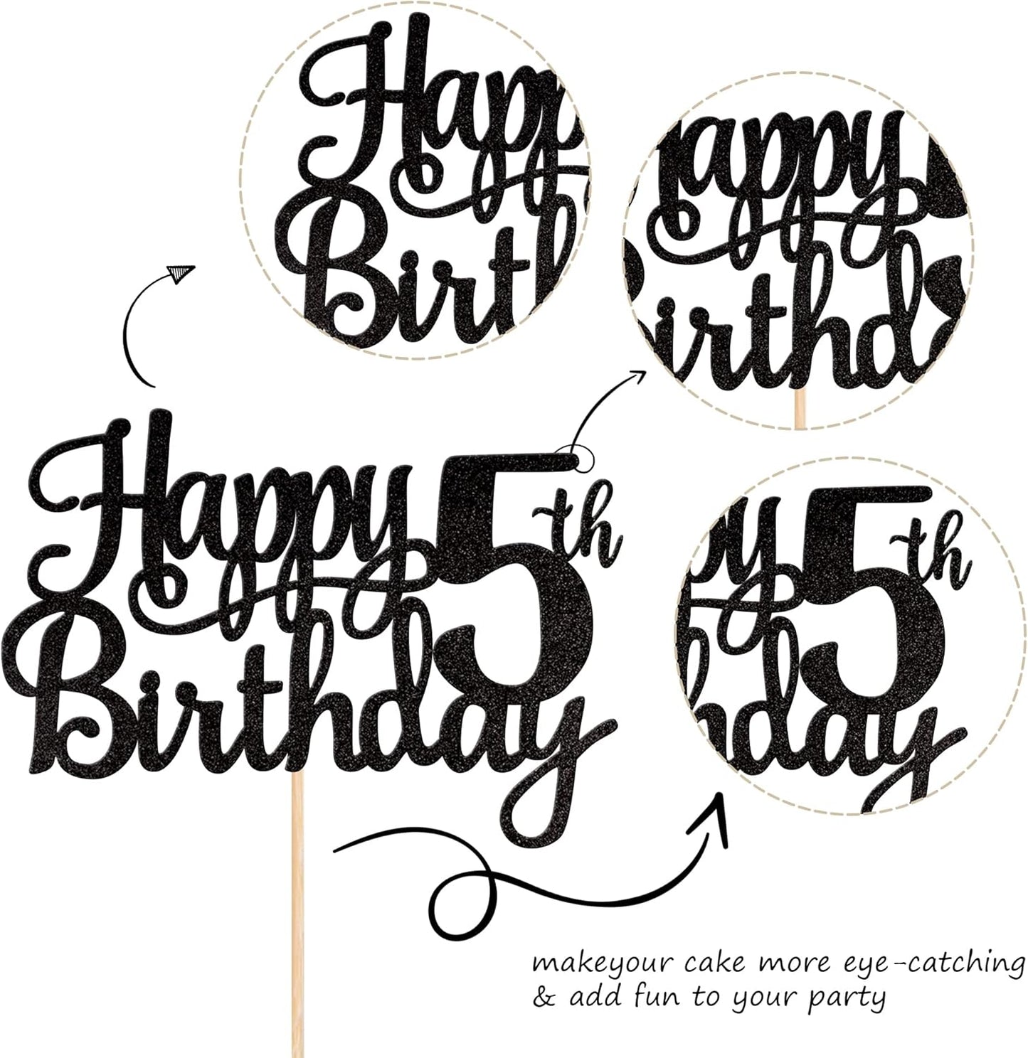 1 PCS Happy 5th Birthday Cake Topper Glitter Cheers to 5 Years Cake Pick Number 5 Fabulous Cake Decoration for 5th Birthday Theme Party Decorations Supplies Black