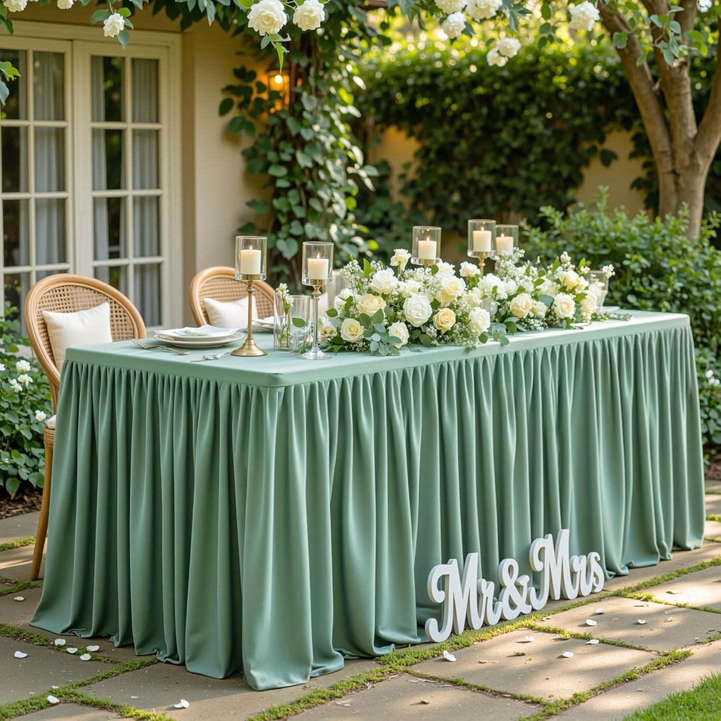 Sage Green Table Clothes for Rectangle Tables 6ft, Wrinkle Resistant Fitted Table Cloth with Pleated Ruffle Skirts for Banquet Wedding Baby Shower Folding Tables