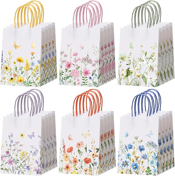 Gaillty 24 Pcs Wildflower Paper Gift Bags 6 Styles, Floral Goodie Bags with Handles Flower Wedding Welcome Bag for Wedding Bridal Shower Engagement Baby Shower Birthday Spring Tea Party Supplies