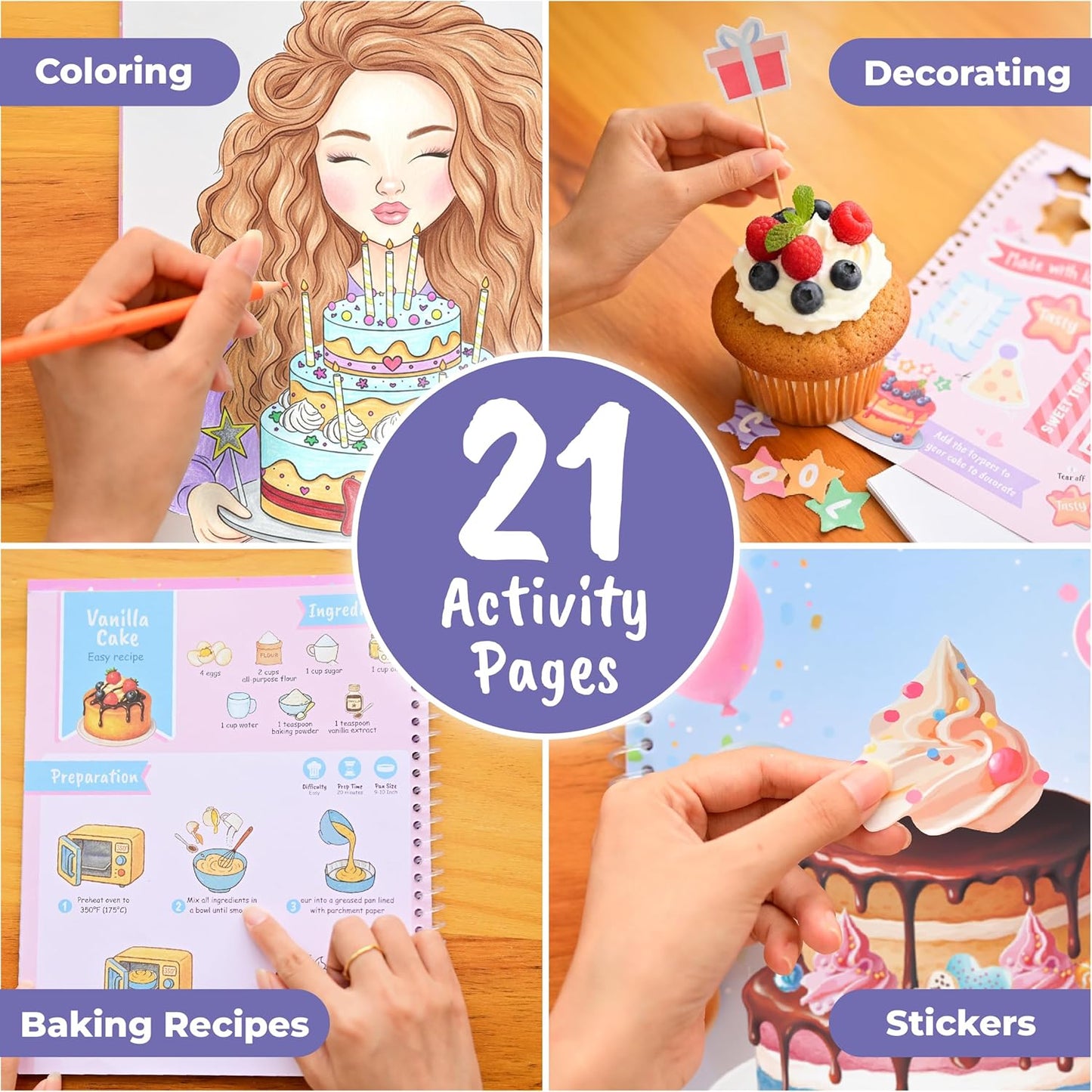 BSCOOL - Drawing, Coloring & Activity Book: Play and Bake with Stickers, Guides and Recipes. Dress Up Your Cake Deisign for Kids 5 and Up.