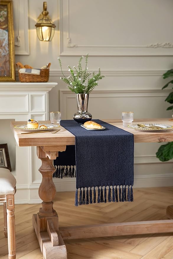 ZeeMart Navy Table Runners 90 Inches Long, Burlap Linen Style Rustic Farmhouse Table Runner, Long Boho Dining Table Runner, 13x90 Inches, Navy