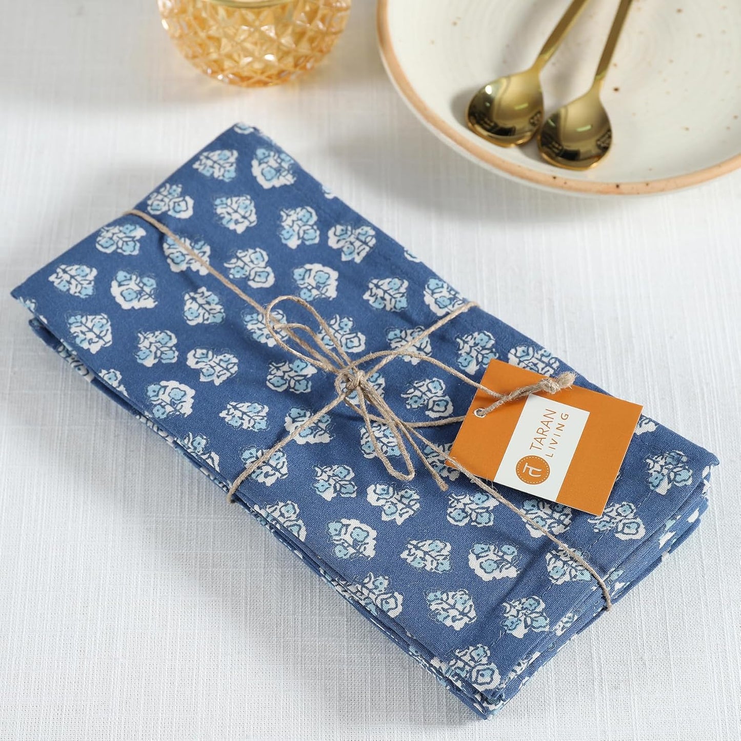 TARAN LIVING Cotton Cloth Napkins Natural Reusable Fall Dinner Napkins Reusable Machine Washable Fabric for Events, Gift, Home Decor - Indigo Blue (Pack of 4), 18x18 Inches