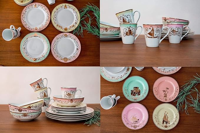 Disney Princess 16-Piece Ceramic Dinnerware Set | Merida, Pocahontas, Moana, Snow White | Home Kitchen Essentials For Dining Room | Includes Dinner Plates, Soup Bowls, Mugs | Place Setting For 4
