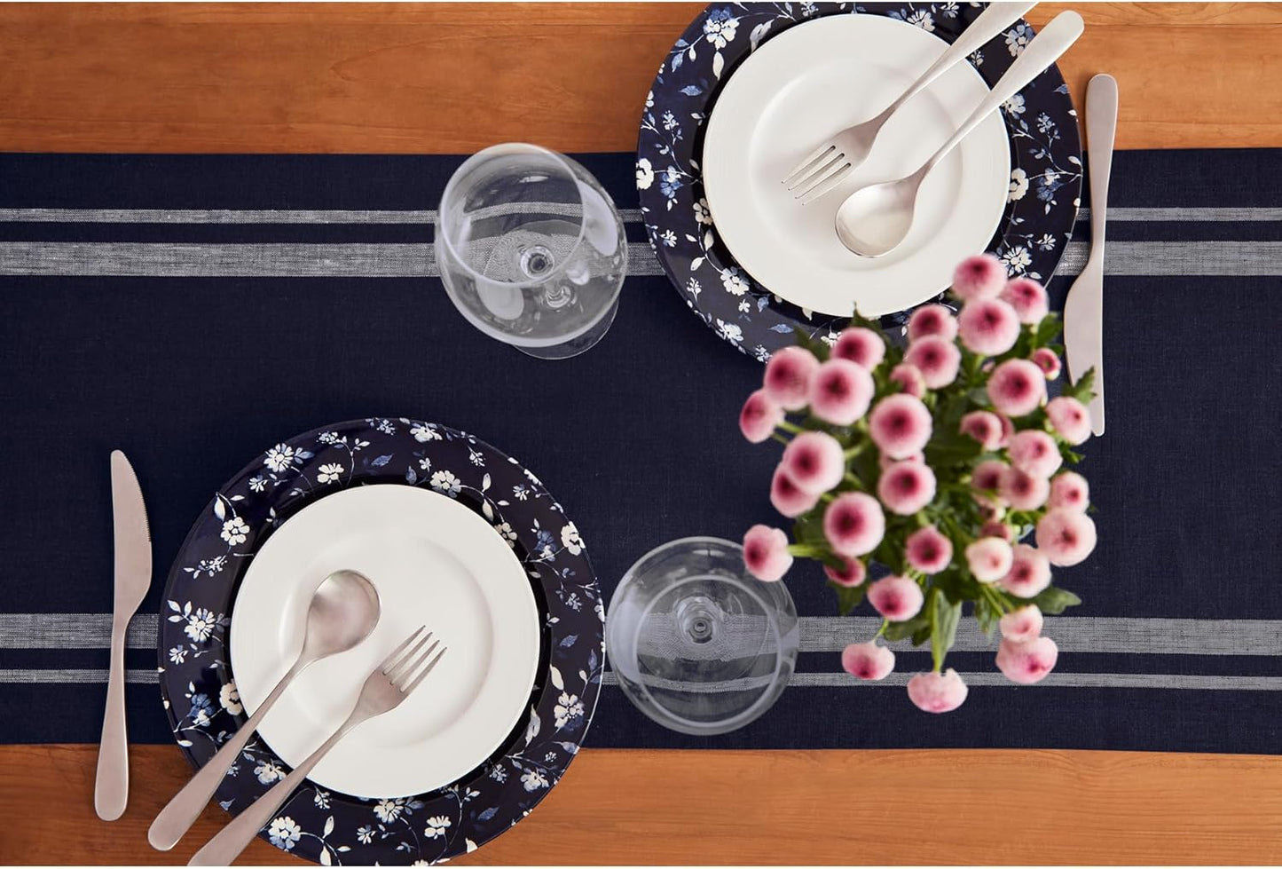 Solino Home Linen Table Runner 120 Inches Long - 100% Pure Linen White and Navy French Stripe Table Runner 14 x 120 Inch for Dining, Christmas, Holiday