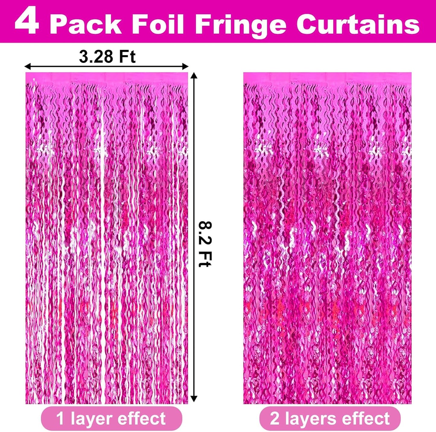 4 Pack Rose Red Fringe Curtain Backdrop 3.2Ft x 8.2Ft Metallic Tinsel Foil Fringe Streamers Background for Photo Booth Mother's Day, Easter, Carnival, Birthday, Wedding Party Decoration
