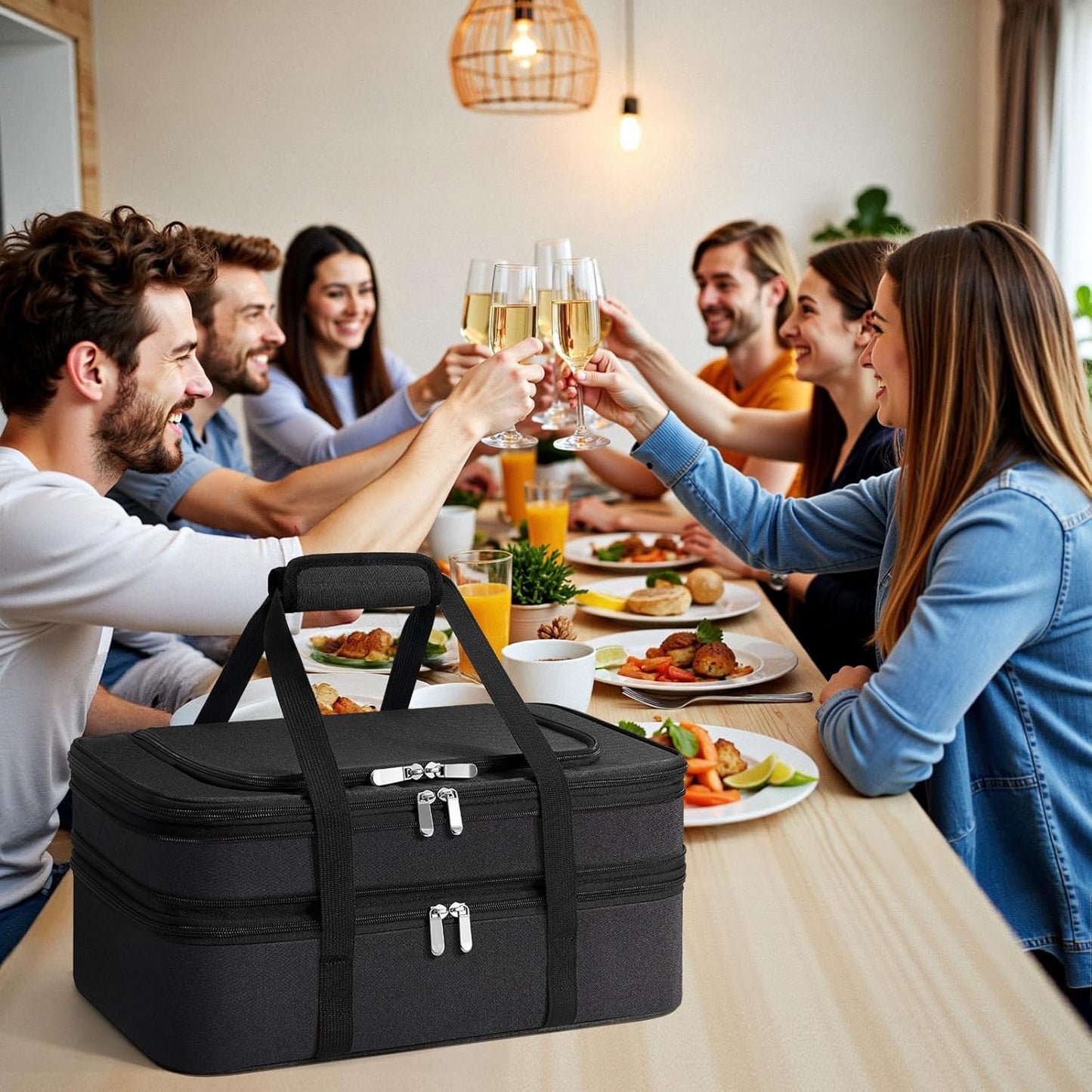 Insulated Double Casserole Carrier - Portable Casserole Carriers for Hot or Cold Food Lunch Tote Warmer or Cooler Bag for Potluck Parties Picnic Cookouts, Fits 9" x 13" Baking Dish -Black