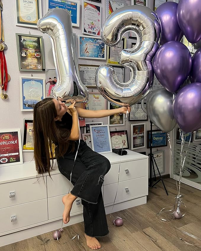 Silver Number 13 Balloon 40 inch, 13 Number Balloons, 13th Silver Birthday Decorations for Girls Boys Kids, 13 Year Old Silver Party Supplies