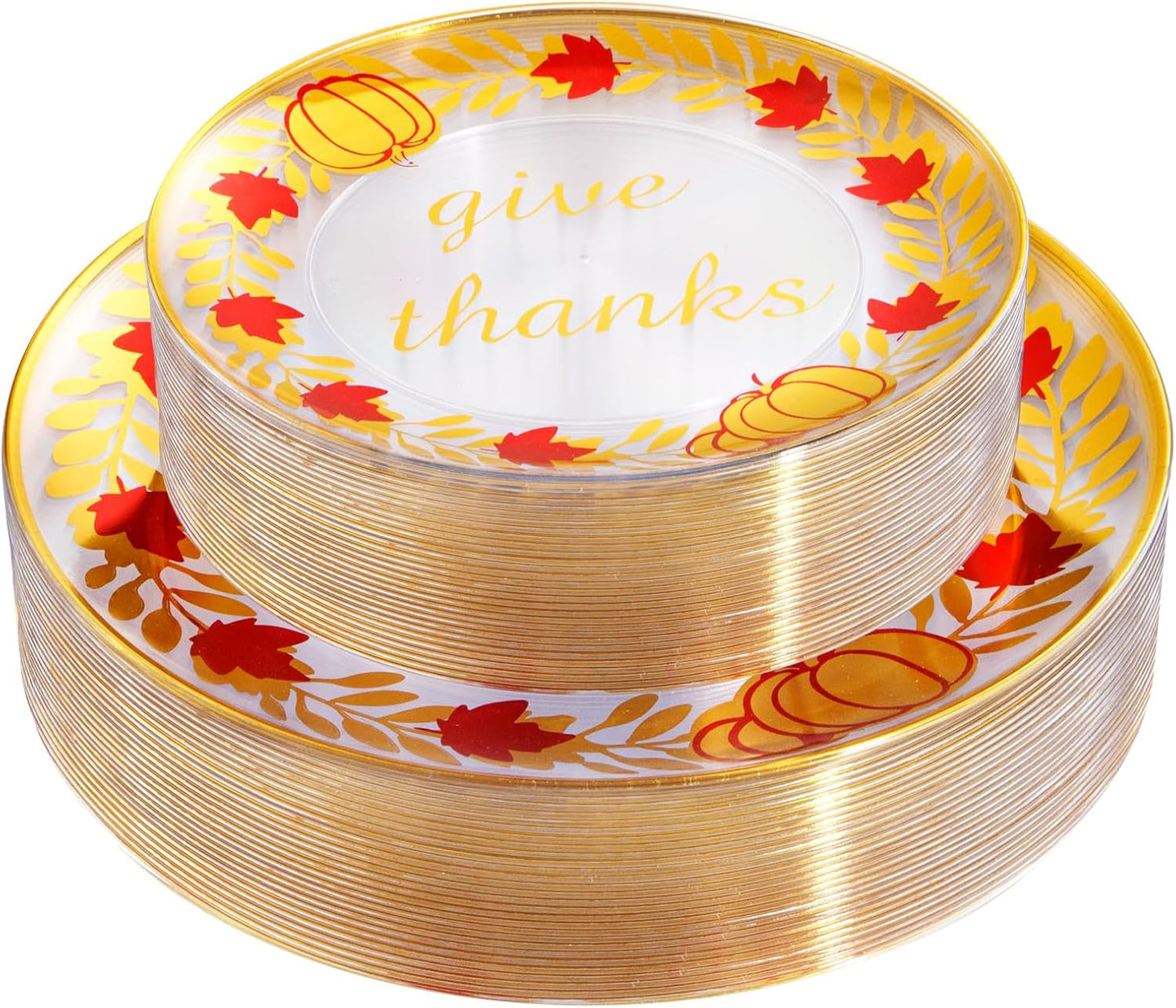 Rubtlamp 60 Pcs Thanksgiving Plastic Plates, Clear Gold Disposable Plates, Red Gold Thanksgiving Party Plates Includes 30 Pcs 10.25” Gold Dinner Platos, 30 Pcs 7.5”Clear Dessert Platos for Autumn