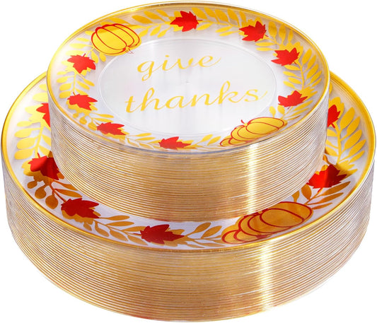 Rubtlamp 60 Pcs Thanksgiving Plastic Plates, Clear Gold Disposable Plates, Red Gold Thanksgiving Party Plates Includes 30 Pcs 10.25” Gold Dinner Platos, 30 Pcs 7.5”Clear Dessert Platos for Autumn