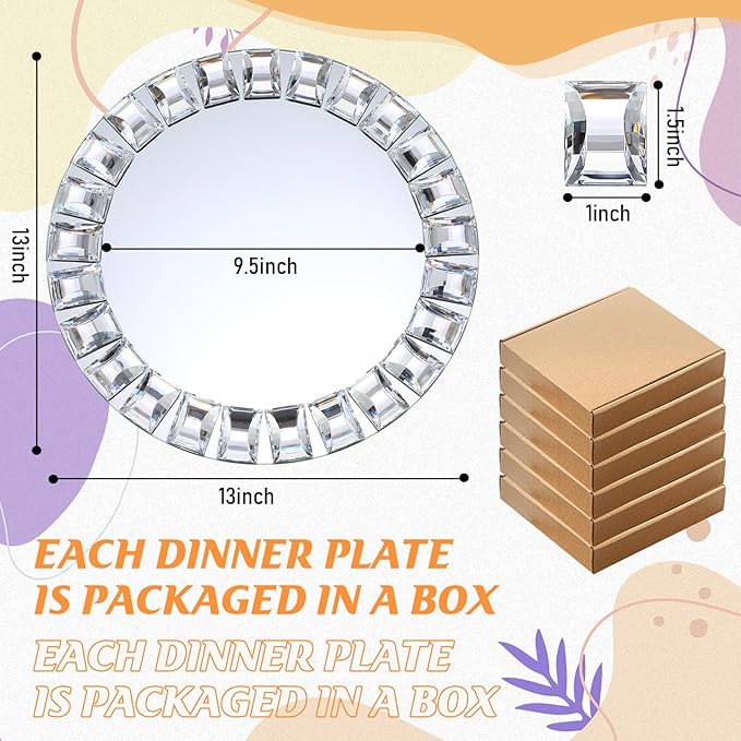 Suclain 6 Pcs Mirrored Glass Charger Plates 13 Inch Silver Mirror Plates Round Chargers for Dinner with Diamond Rim Settings for Wedding Birthday Party Events (Square Diamond Rim)