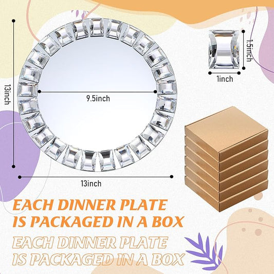 Suclain 6 Pcs Mirrored Glass Charger Plates 13 Inch Silver Mirror Plates Round Chargers for Dinner with Diamond Rim Settings for Wedding Birthday Party Events (Square Diamond Rim)