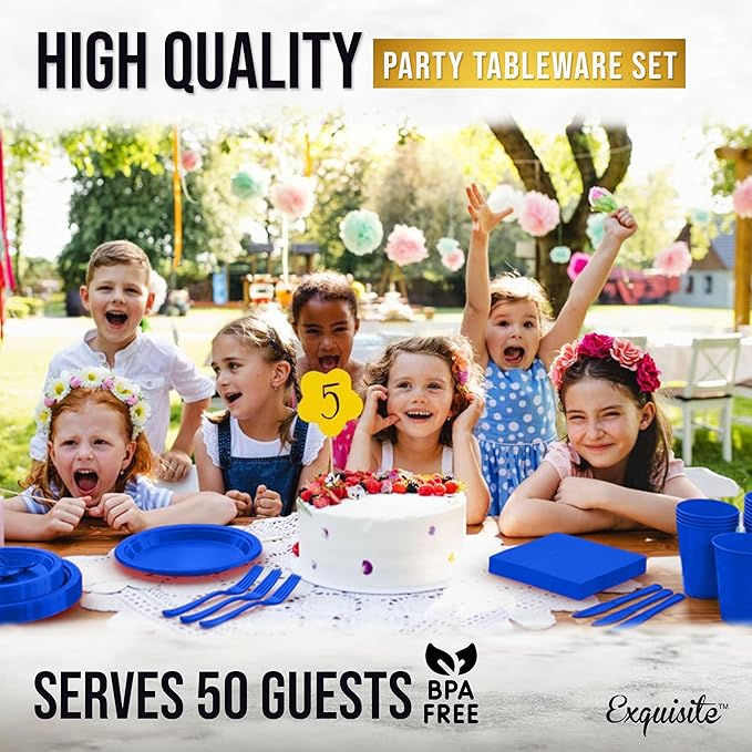350 Pcs Dark Blue Plastic Plates For Party, Dark Blue Disposable Plates Set, 50 Of Each 9" Dinner Plate Set, 7" Dessert Plate, Cups, Napkins & Cutlery Plastic Dinnerware Exquisite