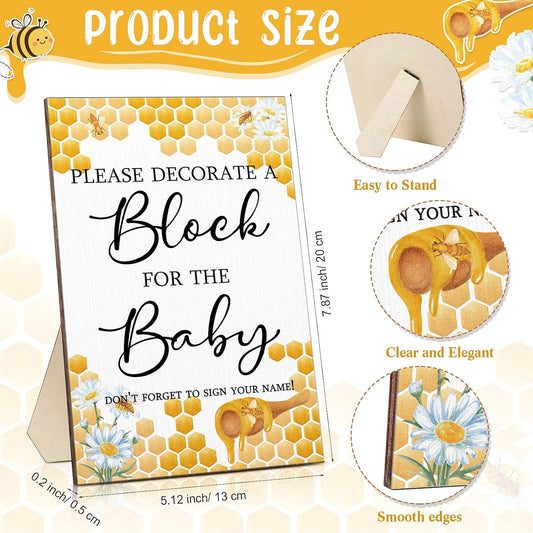 Tatuo 75 Pcs Baby Shower Games Sign Kit Including Decorate a Block Game Sign 50 DIY Wooden Block 24 Acrylic Paint Marker Baby Shower Prize for Gender Reveal Party(Bee)