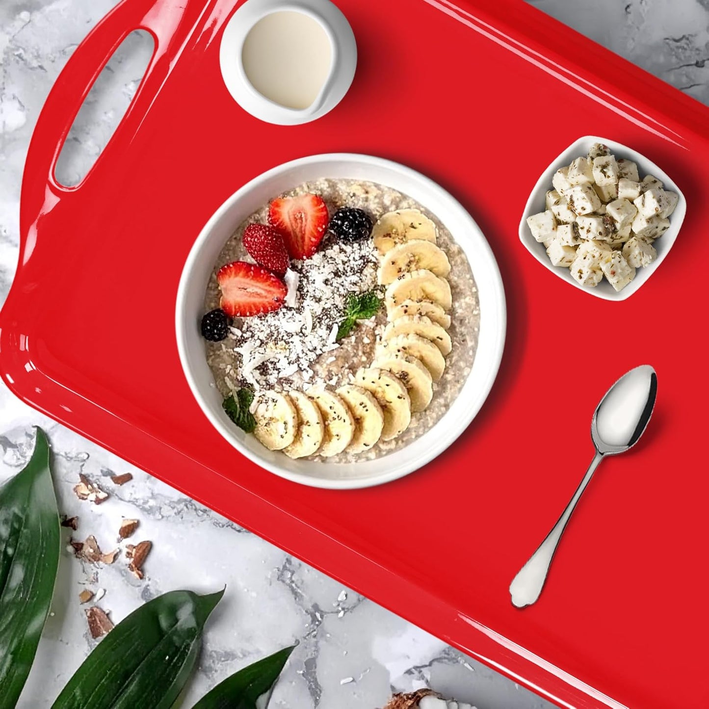 Extra Large Red/White Christmas Serving Tray with Handles, 19''x11.6'' Melamine Platters, Rectangular Trays for Serving Food, Turkey, Cookie, Cupcakes, Desserts, Dishwasher Safe, BPA-Free, Set of 2