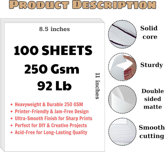 100 Sheets of White Cardstock 8.5 x 11, 250gsm - 92 LB Heavy Cover Cardstock for Printer, Thick Paper for Invitations, Scrapbooking, Business Cards, Crafts, Diy Cards, Decoration, Drawing