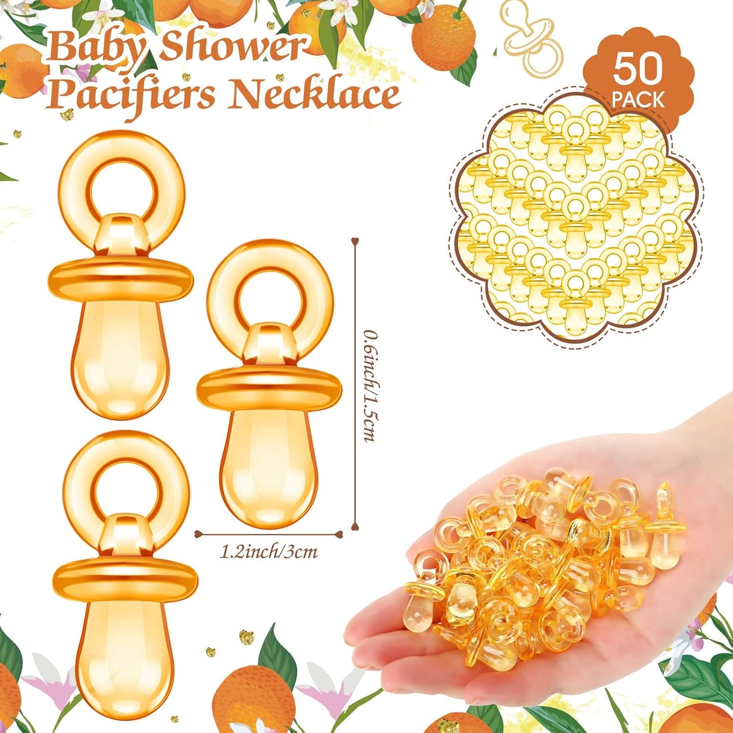 Thyle 51 Pcs Pacifier Hunt Baby Shower Games Include Hunt Sign and 50 Acrylic Pacifiers for Baby Shower Game Decoration Gift Sets Gender Reveal Party Decor(Orange)