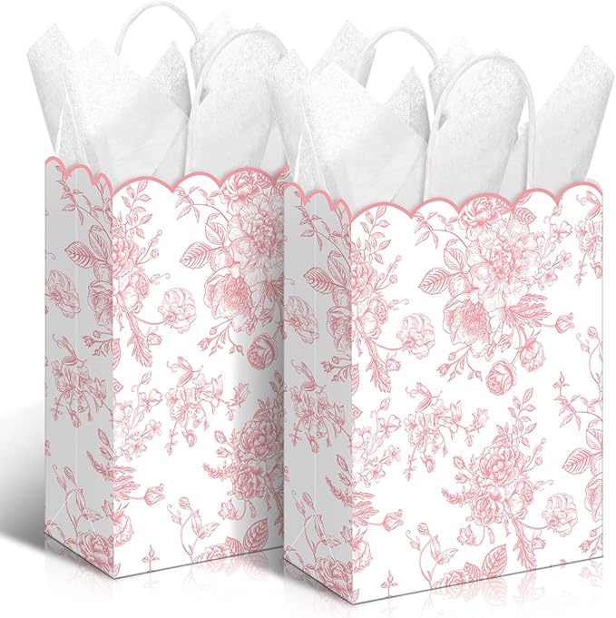 Kolldenn 24 Pcs Pink Floral Gift Bags with Handles Wildflower Party Favor Candy Treat Goodie Bags Scalloped for Birthday Decoration for Bridal Baby Shower Party Supplies