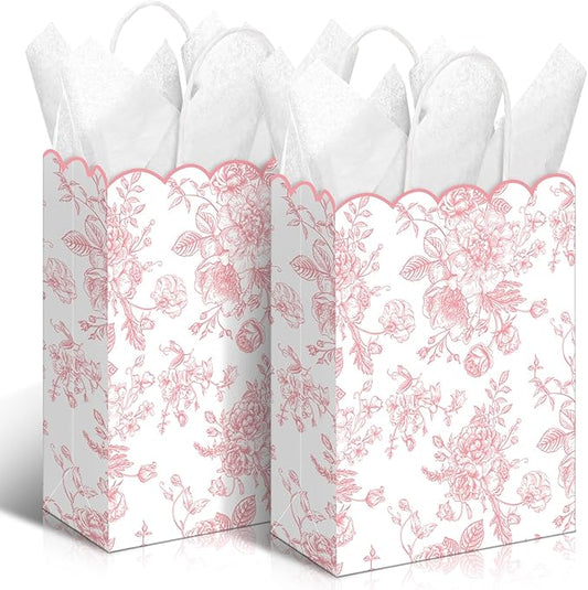 Kolldenn 24 Pcs Pink Floral Gift Bags with Handles Wildflower Party Favor Candy Treat Goodie Bags Scalloped for Birthday Decoration for Bridal Baby Shower Party Supplies