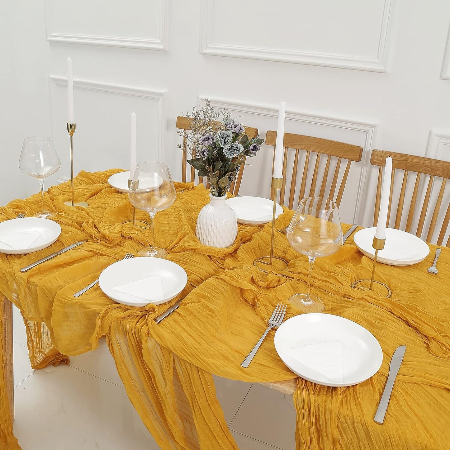 DOLOPL Mustard Yellow Cheesecloth Table Runner 13.3ft Boho Gauze Cheese Cloth Table Runner Rustic Sheer Runner 160inch Long for Wedding Bridal Baby Shower Birthday Party Cake Table Decorations