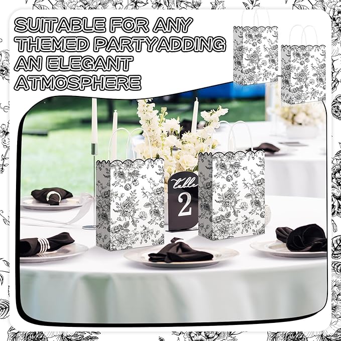 Kolldenn 24 Pcs Black Floral Gift Bags with Handles Wildflower Party Favor Candy Treat Goodie Bags Scalloped for Birthday Decoration for Bridal Baby Shower Party Supplies