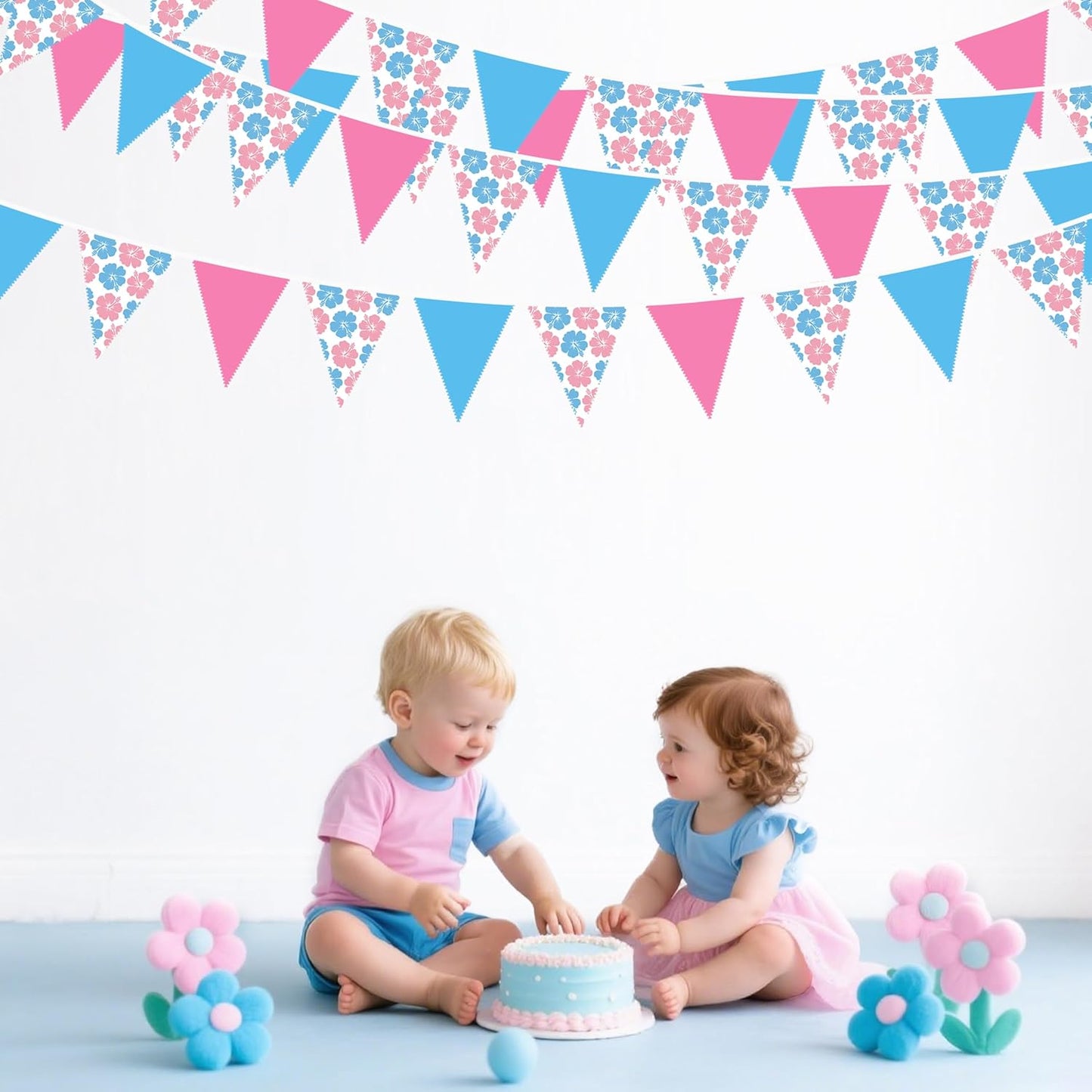 32Ft Cartoon Birthday Party Decorations Pink Blue Hawaiian Hibiscus Flower Triangle Flag Pennant Banner Fabric Garland Streamer for Luau Hawaii Tropical Ohana Baby Shower Gender Reveal Summer Decor