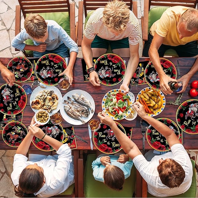 OBUSATT 96PCS Run for The Roses Party Supplies Horse Racing Paper Disposable Plates Napkins Forks Derby Party Decorations Dinnerware Set for Horse Theme Birthday Favor Tableware Serves 24