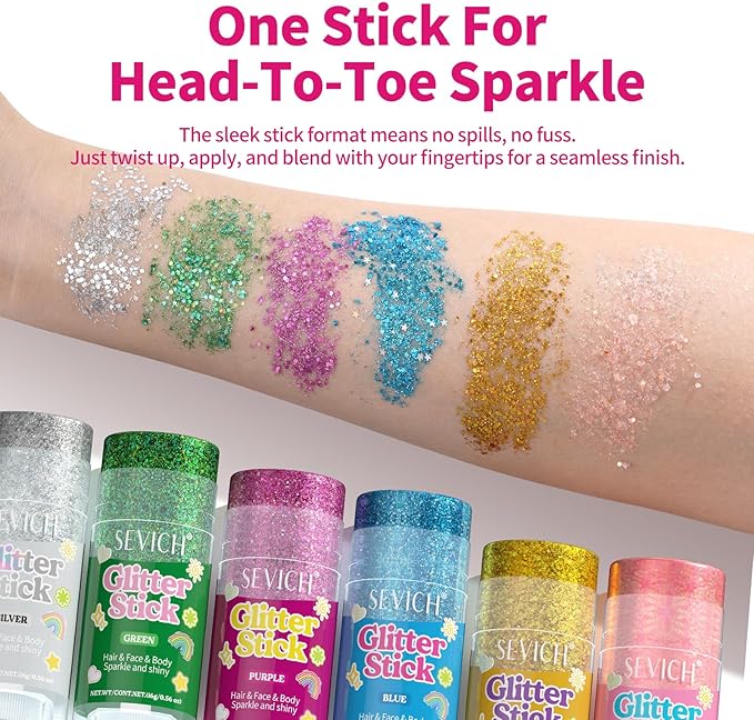 SEVICH Glitter Stick Green for Face Body Hair,Skin Safe Waterproof Sparkle with No Glue Needed,Easy to Apply and Remove for Parties Festivals Makeup,15g
