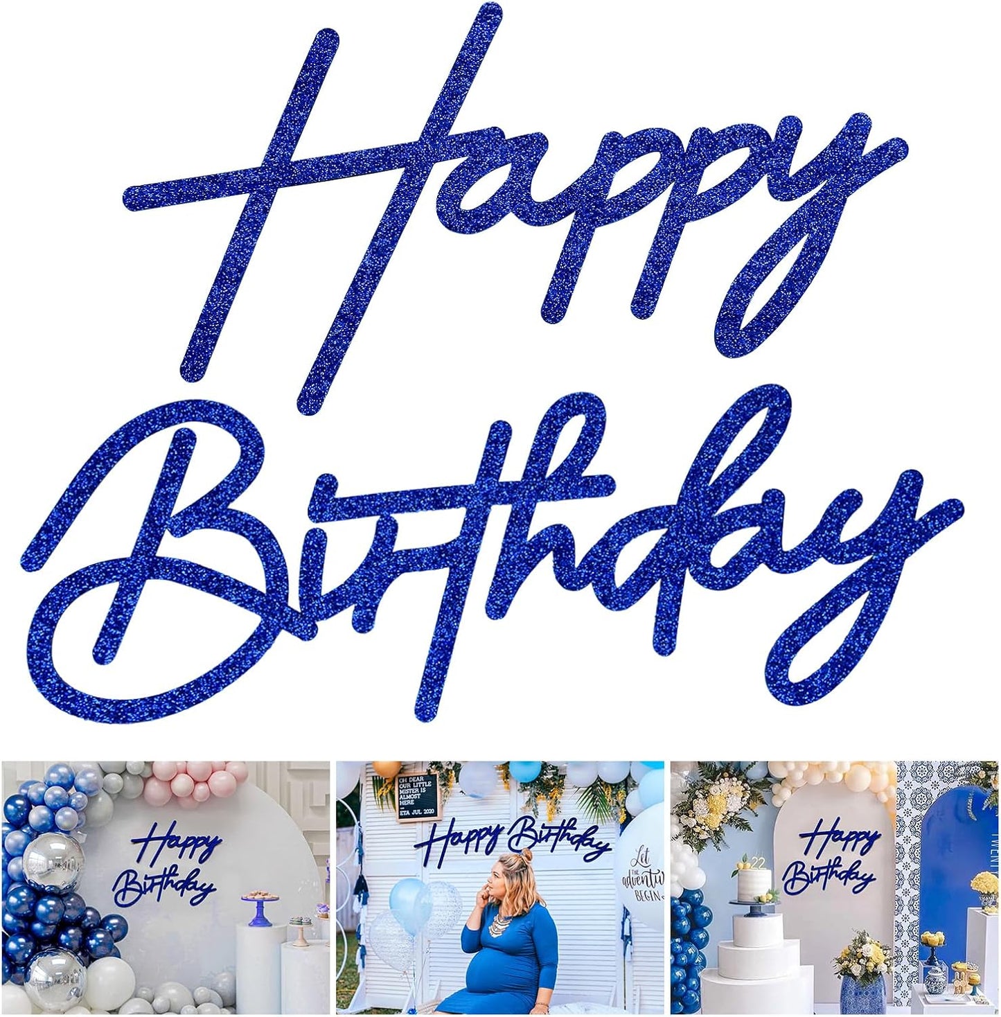Glitter Happy Birthday Sign for Backdrop - Felt Happy Birthday Large Letters for Banner Arch Party Balloon Wall Backdrop Photography Background Event Decor Supplies - Royal Blue