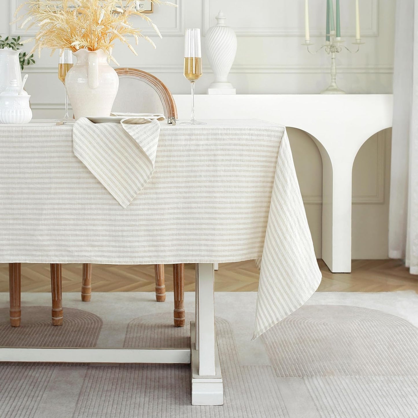 Linen World Stripe Linen Tablecloth,100% French Natural Stripe Table Cloth 55" x 55" Inch,Washable Square Tablecloth for Dining,Outdoor,Weddings and Restaurants,Decorative Thanksgiving Christmas
