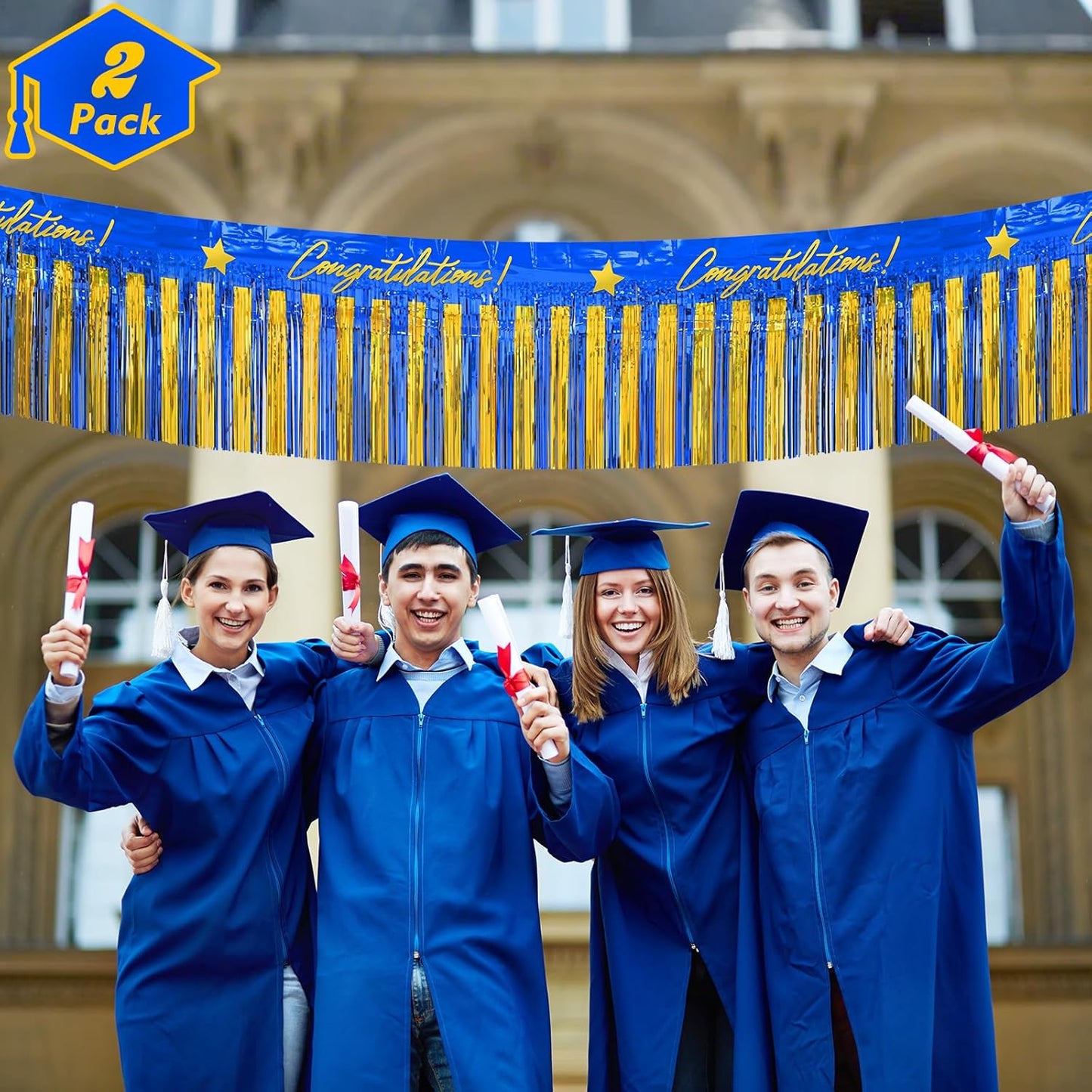 Mega-L Birthday Banners Party Decorations, Blue Gold Congratulation Foil Fringe Garland, 2Pack 39 Ft Tinsel Streamers Photo Booth Props Flag for Parade Float Car Graduation Class of 2026 Party Decor