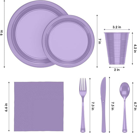 350 Pcs Lavender Plastic Plates For Party, Lavender Disposable Plates Set, 50 Of Each 9" Dinner Plate Set, 7" Dessert Plate, Cups, Napkins & Cutlery Plastic Dinnerware Exquisite